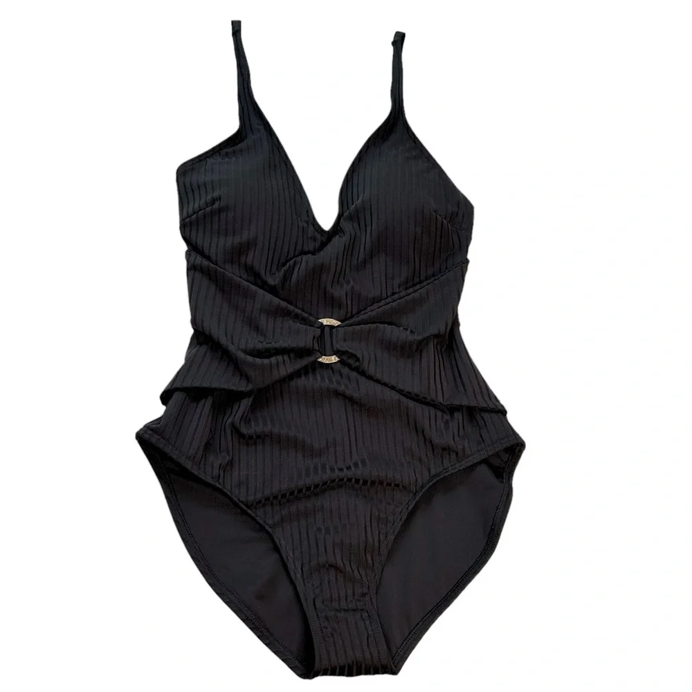 Michael Michael Kors One Piece Swimsuit Black Ribbed Size 10 Waist Sash Logo NWT